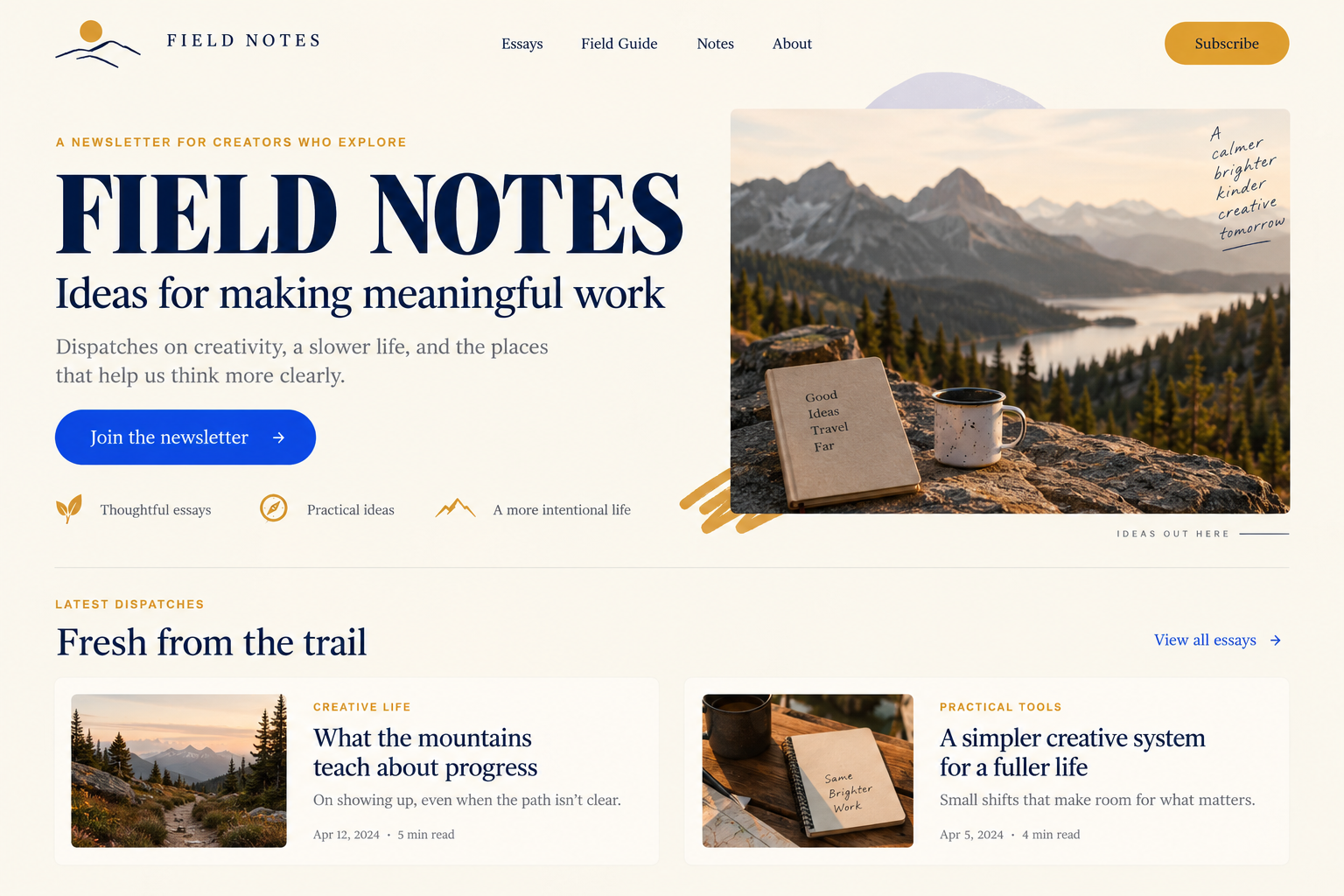 Example creator-brand homepage with a clear palette, typography hierarchy, imagery, buttons, and surfaces